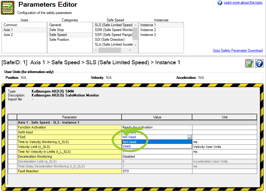 Parameters Editor with the FSoE options shown and circled